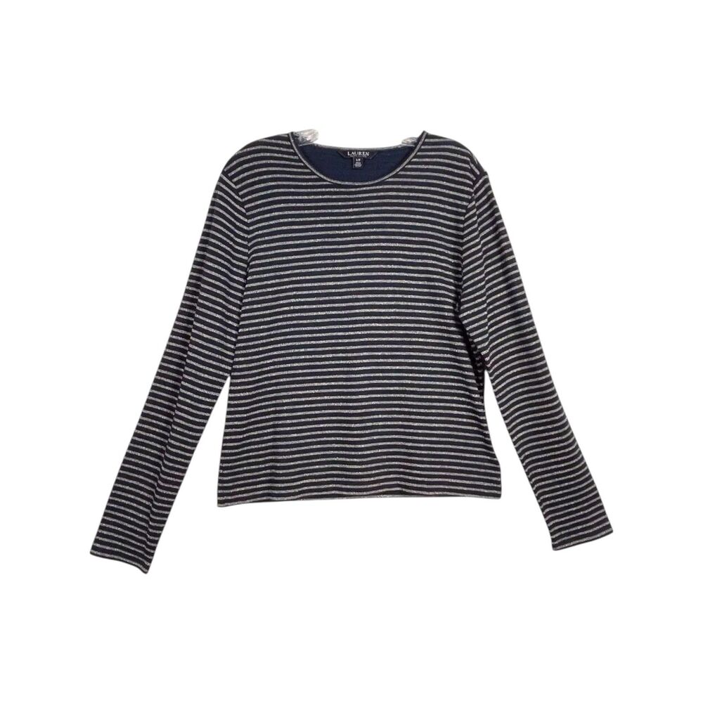 Lauren Ralph Lauren Navy Gold Metallic Stripe Long Sleeve Knit Top Size Large